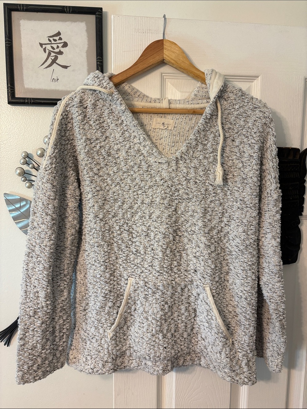 Lou & Grey Marled Light Gray Hooded V-Neck Pullover
